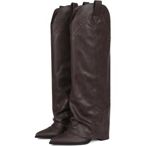 EQAUDES Women’s Shark Studded Fold Over Knee High Boots Tall Pull-on Snip Toe Cowboy Cowgirl Slouch Boot Dress(1 Brownish Coffee)