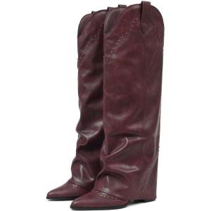 EQAUDES Women’s Shark Studded Fold Over Knee High Boots Tall Pull-on Snip Toe Cowboy Cowgirl Slouch Boot Dress(Burgundy)