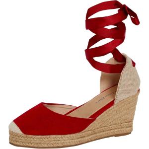 Womens Espadrille Wedge Sandals Strappy Hessian Wedges Ankle Wrap Tie Leg Straps(Rouge)