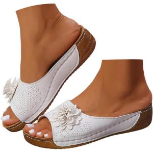 Mules en Cuir Femme Sandales Compensées – Bout Ouvert Plateforme Premium Orthopédiques Pantoufles Chaussons Dame(001 Blanc)
