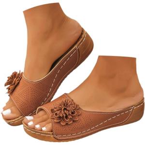 Mules en Cuir Femme Sandales Compensées – Bout Ouvert Plateforme Premium Orthopédiques Pantoufles Chaussons Dame(001 Brun)
