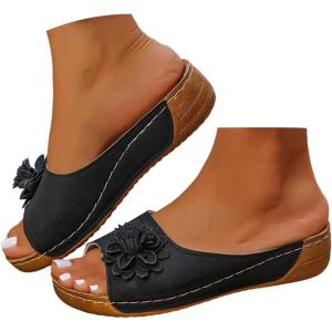 Mules en Cuir Femme Sandales Compensées – Bout Ouvert Plateforme Premium Orthopédiques Pantoufles Chaussons Dame(001 Noir)