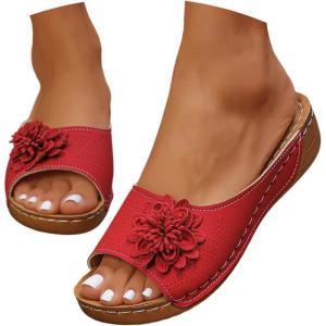 Mules en Cuir Femme Sandales Compensées – Bout Ouvert Plateforme Premium Orthopédiques Pantoufles Chaussons Dame(001 Rouge)