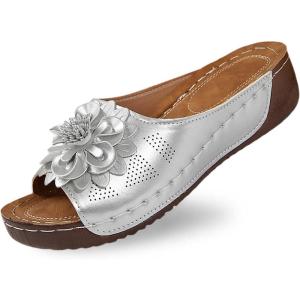 Mules en Cuir Femme Sandales Compensées – Bout Ouvert Plateforme Premium Orthopédiques Pantoufles Chaussons Dame(02 Argent)