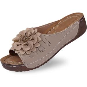 Mules en Cuir Femme Sandales Compensées – Bout Ouvert Plateforme Premium Orthopédiques Pantoufles Chaussons Dame(02 Beige)