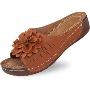 Mules en Cuir Femme Sandales Compensées – Bout Ouvert Plateforme Premium Orthopédiques Pantoufles Chaussons Dame(02 Brun)