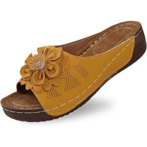 Mules en Cuir Femme Sandales Compensées – Bout Ouvert Plateforme Premium Orthopédiques Pantoufles Chaussons Dame(02 Jaune)