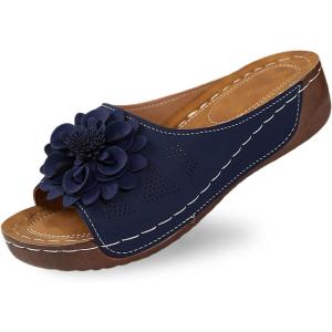 Mules en Cuir Femme Sandales Compensées – Bout Ouvert Plateforme Premium Orthopédiques Pantoufles Chaussons Dame(02 Marin)