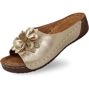 Mules en Cuir Femme Sandales Compensées – Bout Ouvert Plateforme Premium Orthopédiques Pantoufles Chaussons Dame(02 Or)