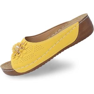 Mules en Cuir Femme Sandales Compensées – Bout Ouvert Plateforme Premium Orthopédiques Pantoufles Chaussons Dame(03 Jaune)
