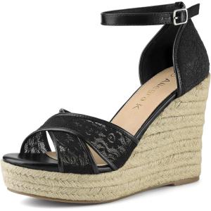 Allegra K Femmes Sandales Compensées Talon Compensé Bride Cheville Espadrille(Noir)