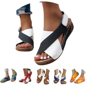 Sandales orthopédiques pour femme d&rsquo;été avec talon compensé confortables et élégantes avec réglable en déchirure, sandales à bout ouvert, plage, légères en cuir artificiel, respirantes, chaussures de(Noir)
