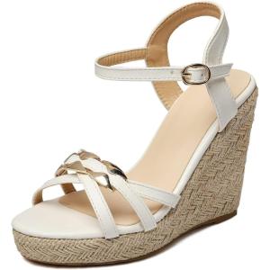 Sandales à talon compensé sexy à bout ouvert avec boucle et lanières pour femmes – Talons hauts de 11 cm – Escarpins pour femme – Grande taille T33-502(Blanc)