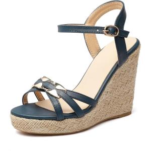 Sandales à talon compensé sexy à bout ouvert avec boucle et lanières pour femmes – Talons hauts de 11 cm – Escarpins pour femme – Grande taille T33-502(Bleu)
